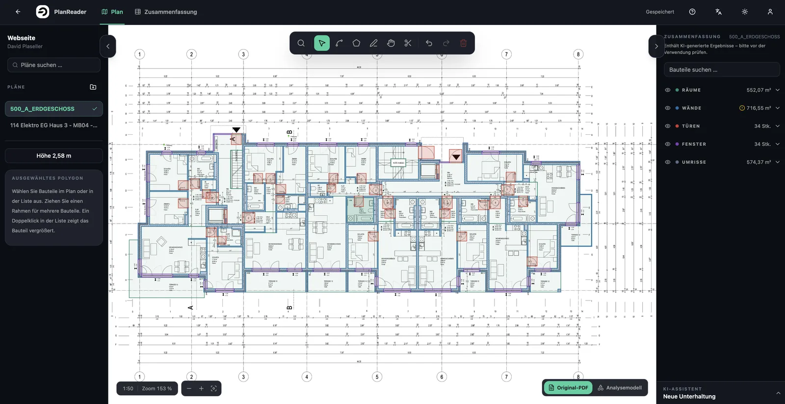 PlanReader mit einem Architektur-Grundriss: Räume, Wände, Türen und Fenster eingezeichnet, rechts die Mengen je Kategorie